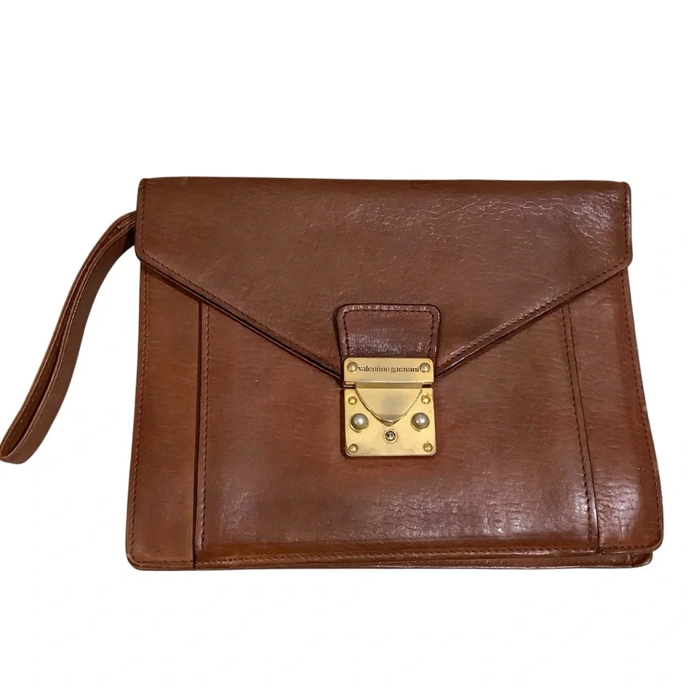Valentino Garavani Vintage Brown Leather Clutch Bag with Gold Detail